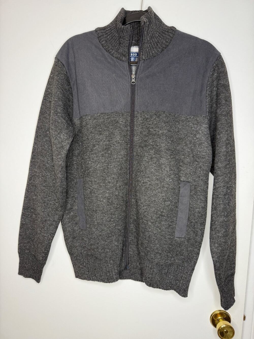IZOD Full Zip Lined Sweater Mens Gray Fleece Lined Jacket Size LARGE